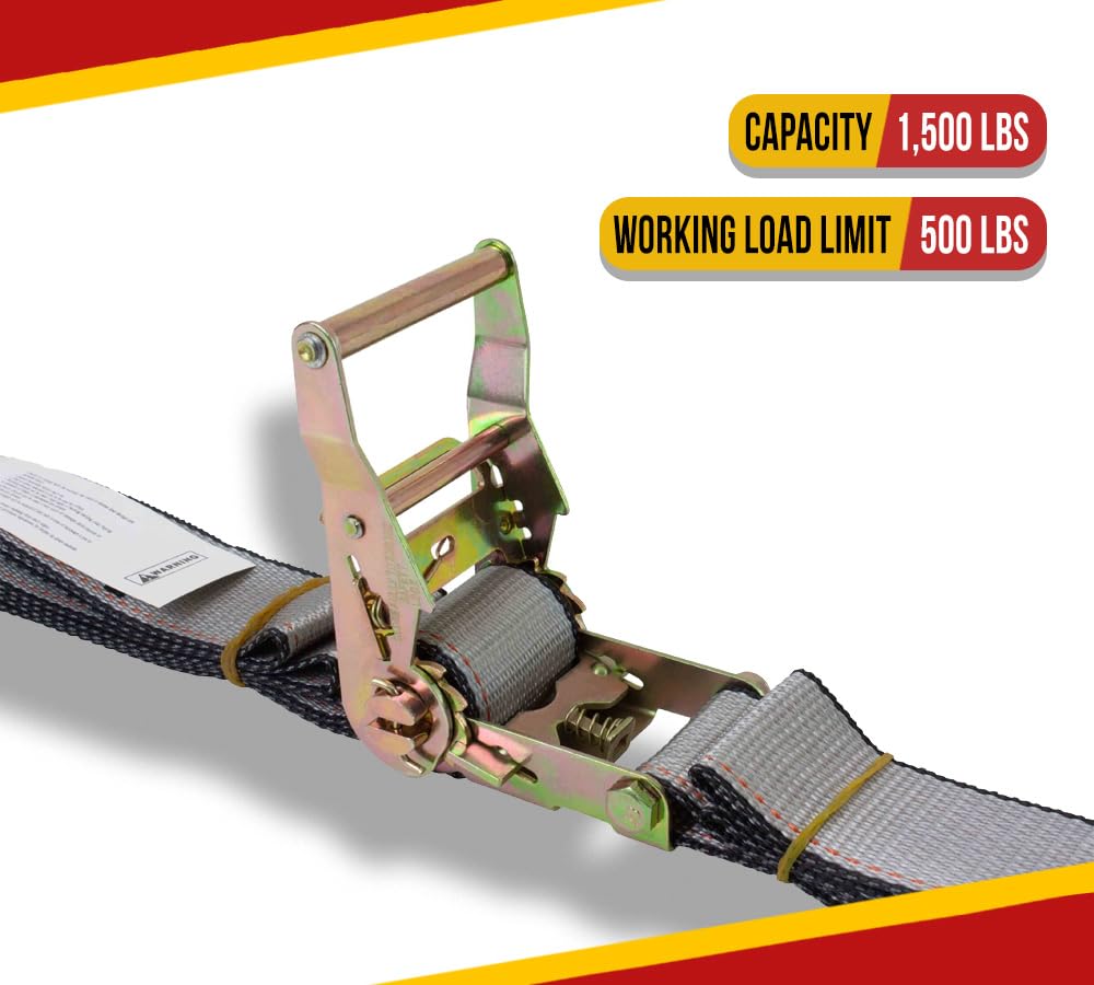 Mytee Products 2'' x 12' E Track Ratchet Straps with Wire Hook & Spring E-Fittings, 3000 lbs - Grey Heavy Duty Etrack Ratchet Tie Down Strap for Enclosed Trailers, Trucks & Vans