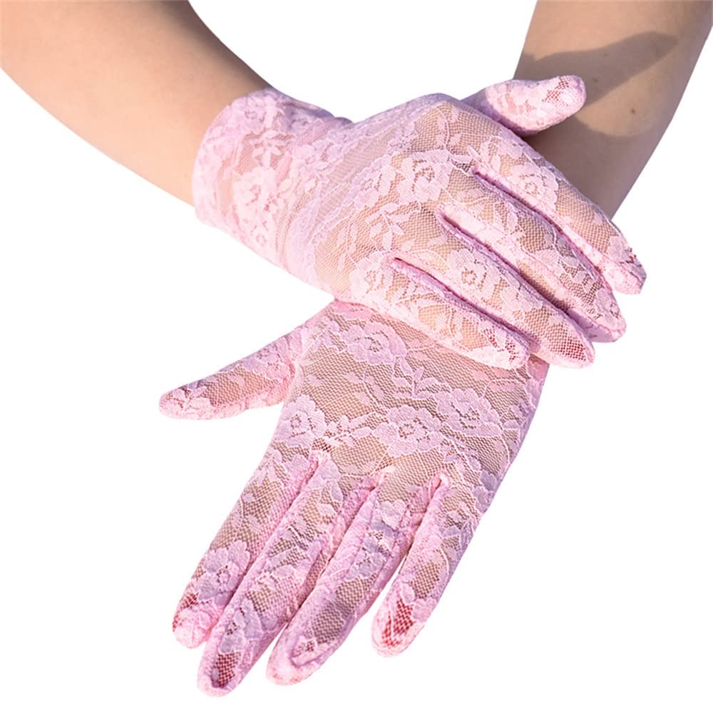 SePkus Guanti Corti in Tulle di Pizzo Guanti Eleganti Guanti Elastici Floreali Sottili Traspiranti da Donna Sexy (Rosa 22x9,5 cm)