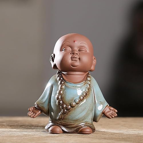 Estatua de monje de Buda roja, figura de cerámica para bebé, té de monje zen, figura de mascota, estatua de meditación de 3.7 pulgadas para