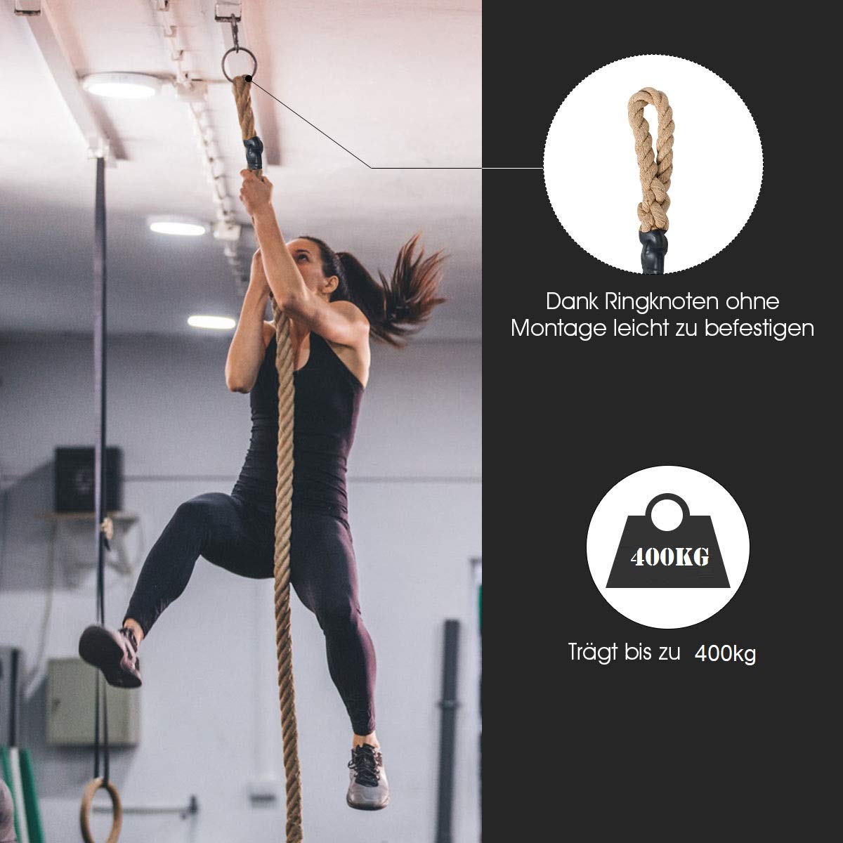 COSTWAY Gym Kletterseil, Übungsseil mit Gummigriffen, Sportseil aus Juteseil, Trainingsseil für Kraft- und Fitnesstraining, Ganzkörpertraining