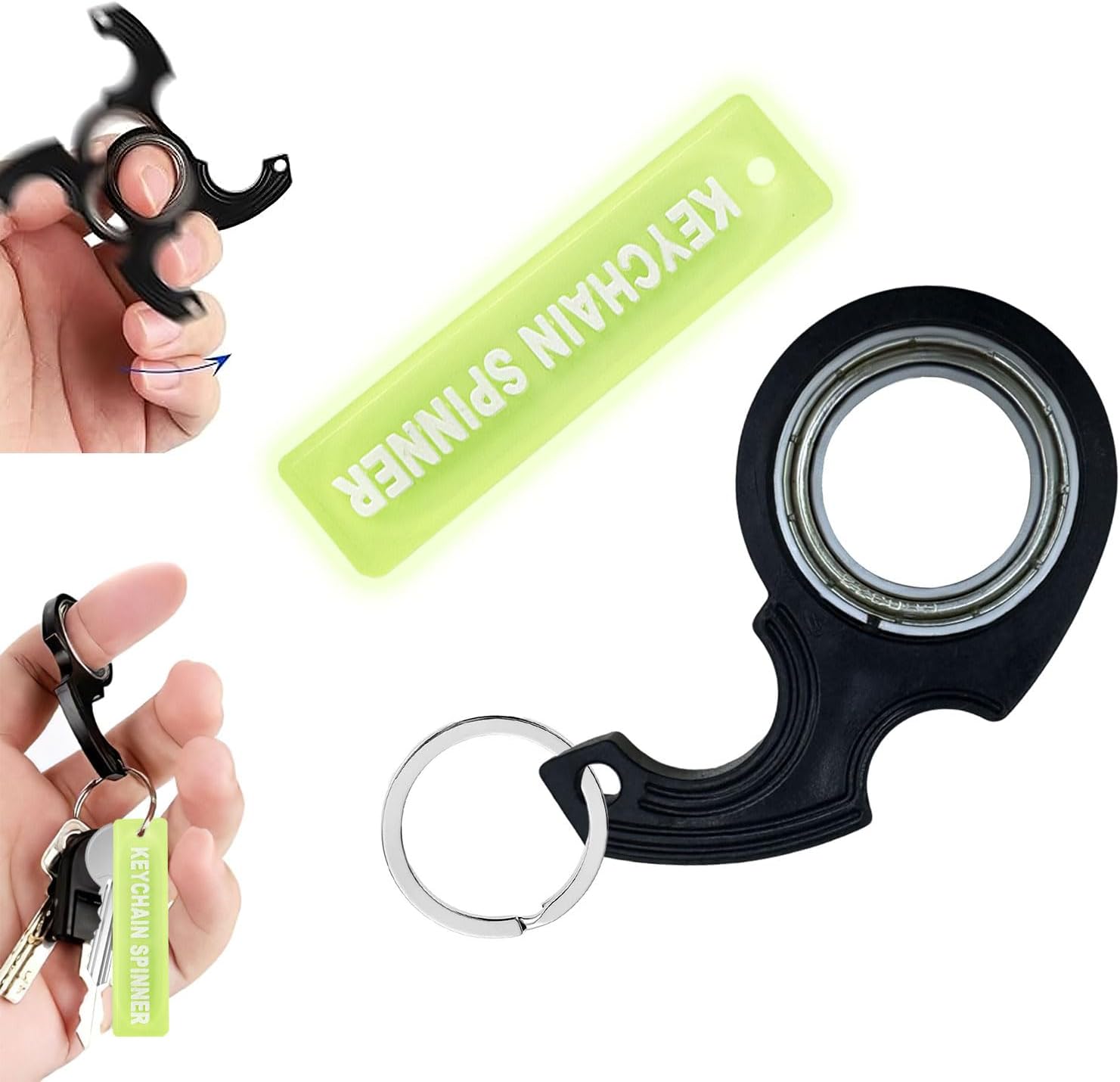TecoKart Spinner Keychain For Men, Ninja Spinning Key Chain With Luminescent Strip, Metal Spinner Finger Key Rings Tip Relaxtion Portable Car Or Bike Revolving Keyrings For Boys & Women, Black