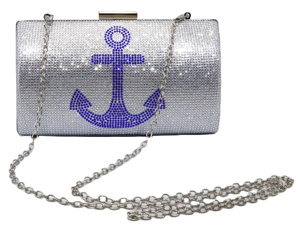 Women's Nautical Anchor Glamour Evening Bag Sparkly Rhinestone Clutch Purses Luxury Handbags Pocketbook - Silver Glitter with Blue Glitter Anchor