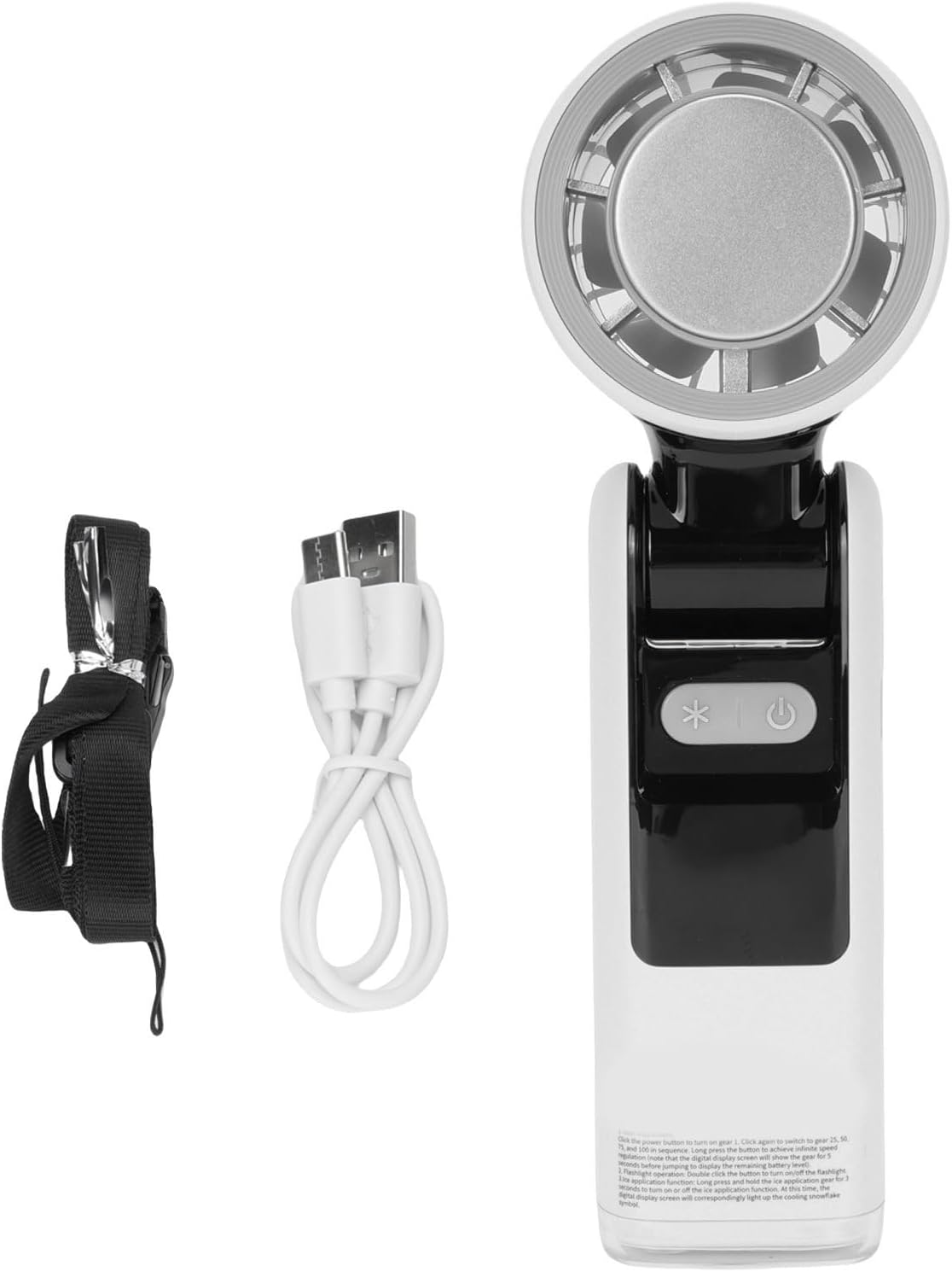 Fockety handheld portable fan, USB charging cable, and lanyard laid out on a white surface.