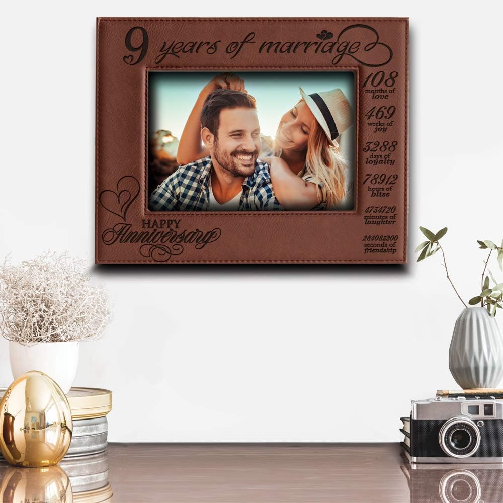 BELLA BUSTA-9 years of Marriage-9th Anniversary for Husband, Wife-Engraved Leather Picture Frame (5 x 7 Horizontal)