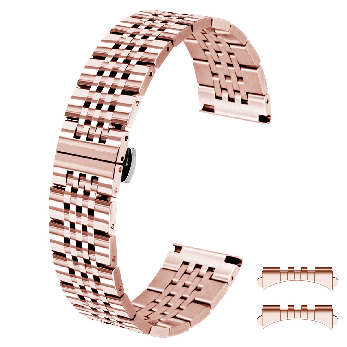 Kai Tian Stylish 18mm 20mm 22mm Silver Black Gold Rose Two Tone Curved Ends Plus Straight Ends Stainless Steel Watch Band Polished Metal Strap