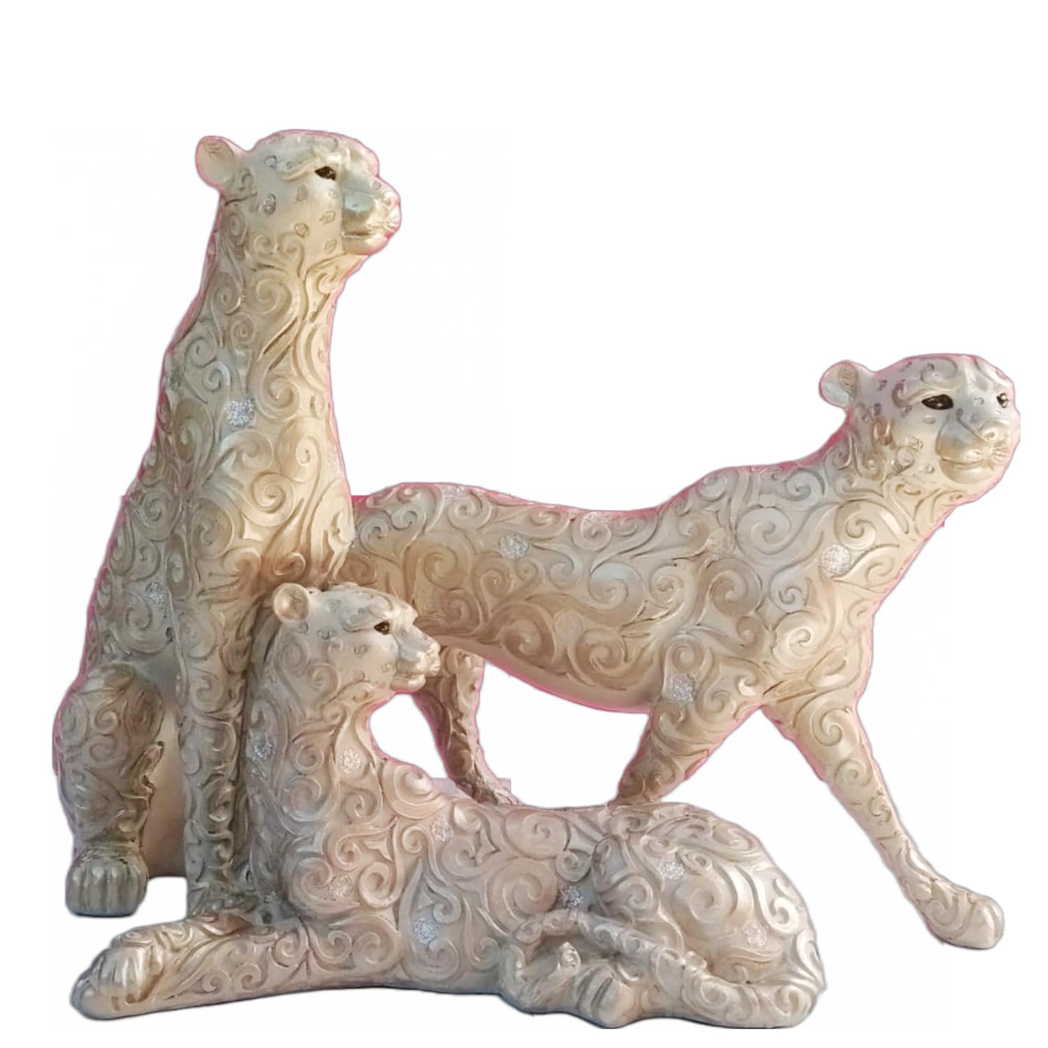 ALILA Leopard Statue Showpiece Idol for Gifting & Home Living Room Desk Office Table Decoration, Beige & Silver, Set of 3