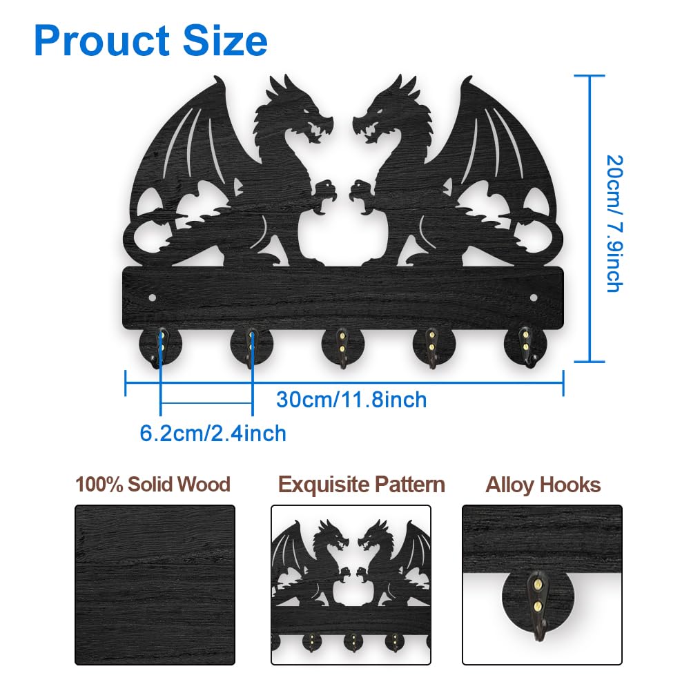 MAYJOYDIY Dragon Coat Rack Wall Mount Wood Double Dragon Animal Key Holder for Wall 11.8×7.9inch Decorative Wall Hooks 5 Alloy Hooks Black Wall Hanger for Gifts Entryway Hallway Room Decor