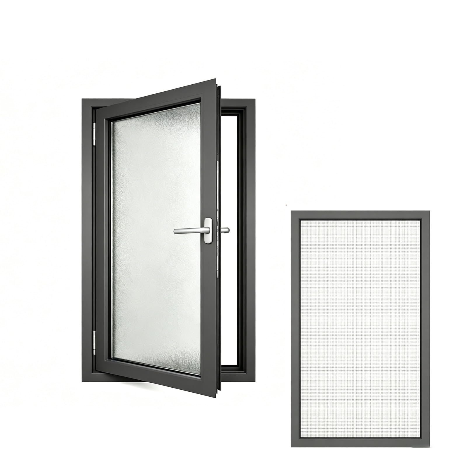 Fenêtre battante anti-regard en verre dépoli avec moustiquaire cadre alu gris 33x19"