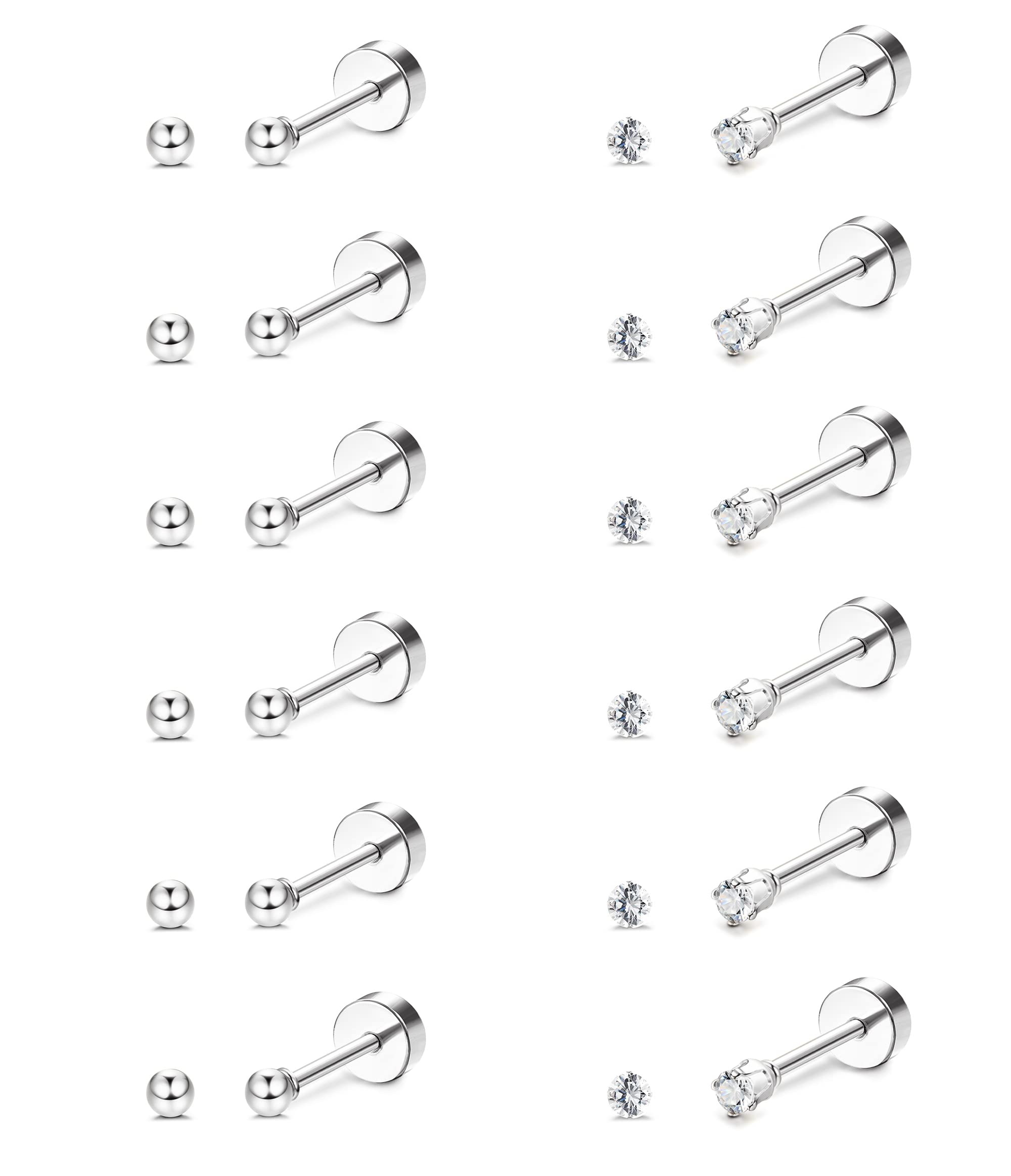 FIBO STEEL 12 Pairs 20G Cartilage Earrings Stud for Women Men Stainless Steel Tiny 2mm & 3-8mm Studs CZ Round Ball Flatback Earring Set