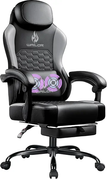 WAILOR Gaming Chair with Massage and Packet Spring Cushion,Ergonomic Gamer Chairs for Adults with Footrest 300lbs,High Back Gamer Leather Chair with Headrest and Lumbar Support