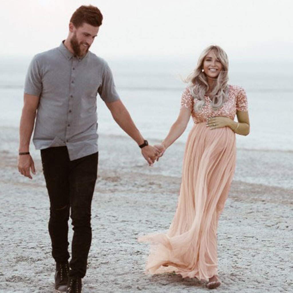 Robe Longue Femmes Enceintes Maternité Photographie Props Manches Courtes Robe Solide À Paillettes Maxi Robe de Plage Robe Grossesse Shooting Photo Soirée Ceremonie Mariage
