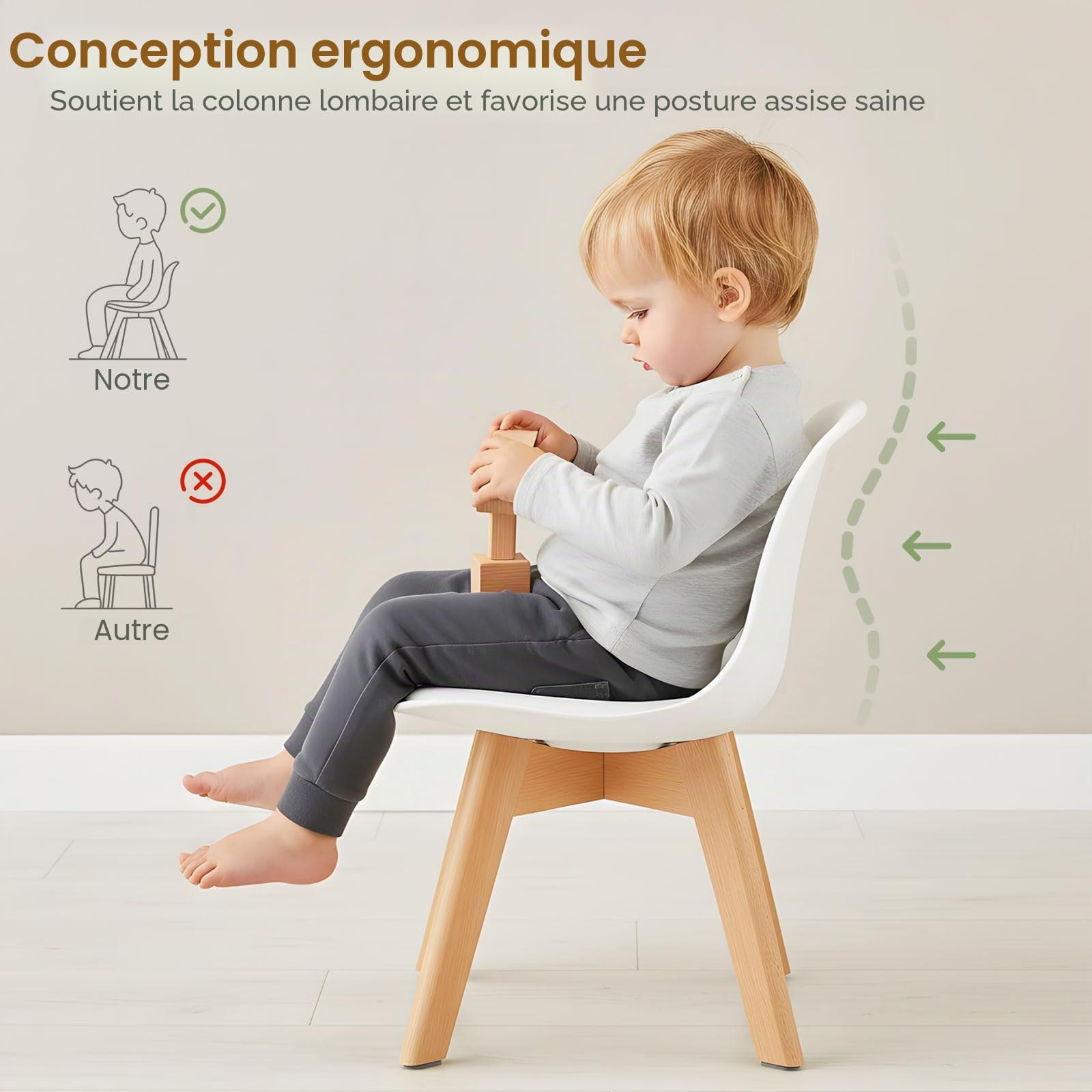 EGGREE Chaises pour Enfants, Pieds en Bois, Hauteur du siège 33 cm, chaises avec Dossier, siège pour Enfants,Blanc