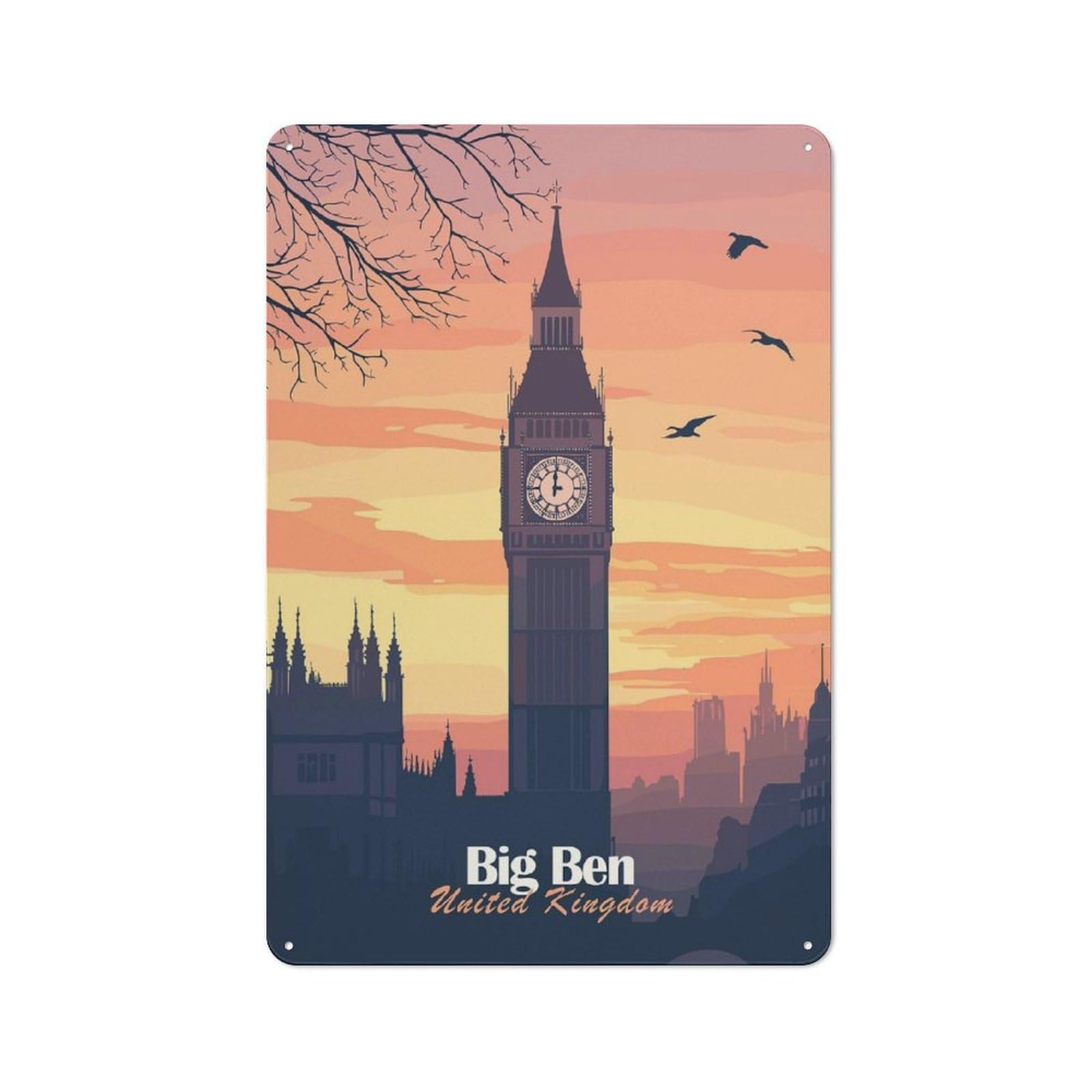 Junmoney Style-10 Big Ben Sunset Tin Wall Sign 30X20cm, Retro Novelty Wall Art For Bedroom, Kitchen, Office Or Living Room