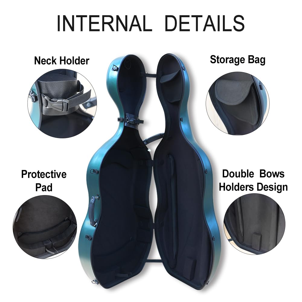 WUQIMUSC 4/4 hard Cello case full size with wheels Aviation ABS Composite materials Durable and Sturdy cello box Embedded handle with Backstraps, Waterproof and Stable (Dark green)