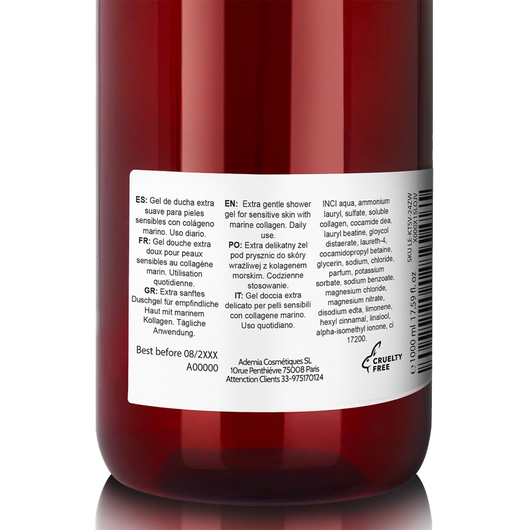Gel Doccia Collagene Triplo Azione: Detergente Viso, Corpo e Capelli. Effetto Rassodante e Anti-età. Cura per la Pelle Atopica, Sensibile e Secca - 1000 ml