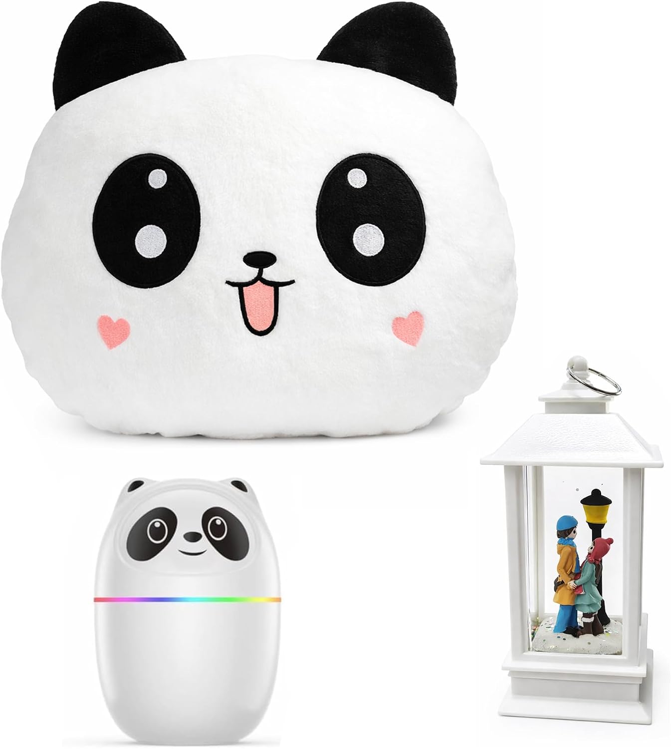 Panda Temalı Dekoratif Tasarıma Sahip Hediye Seti – Peluş Panda Yastık + Buhar Makinesi Nemlendirici + Sevgili Figürlü Kar Küresi | Dekoratif Hediye Seti