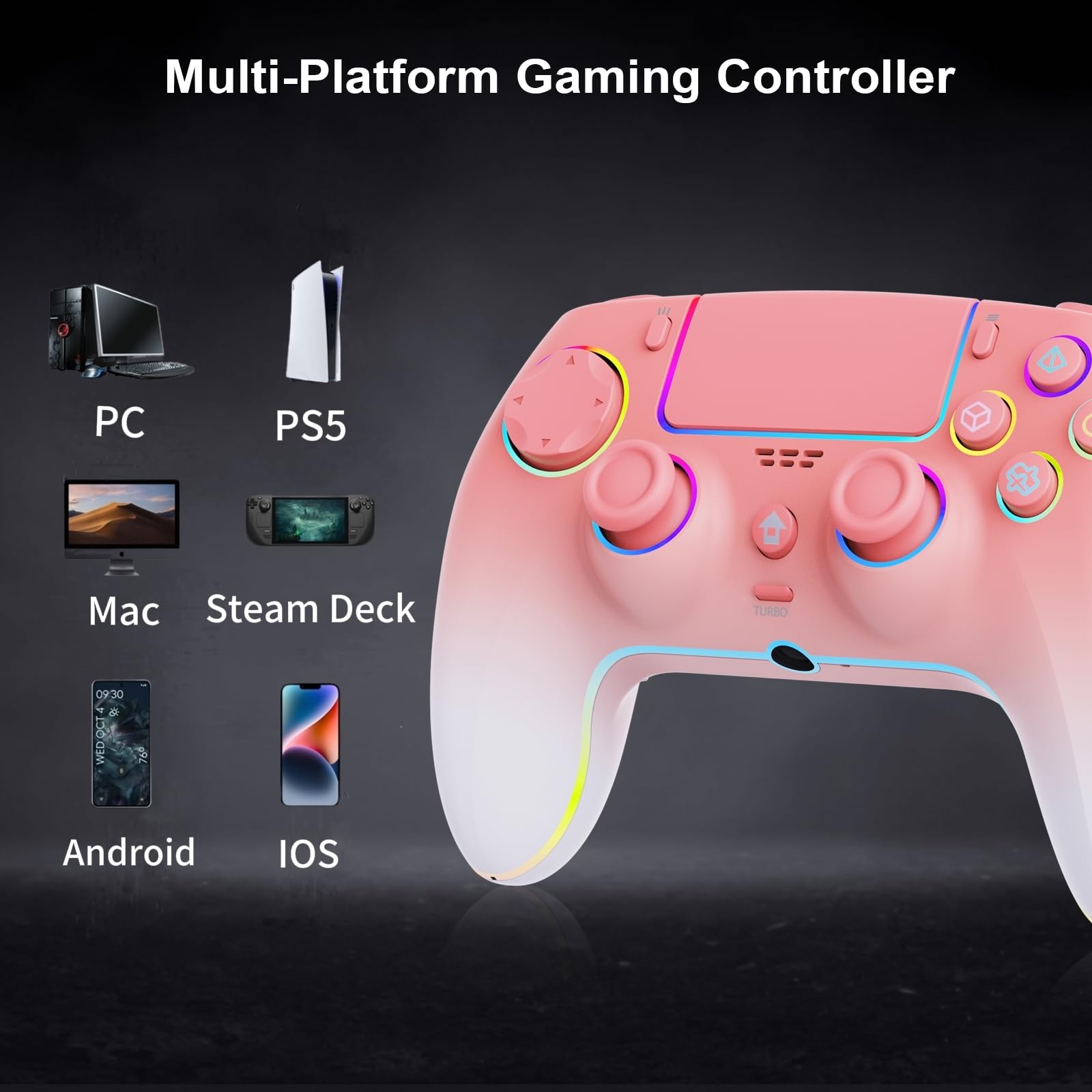 Wireless Pink White gradient Controller for PS5 Pro/PlayStation-5/PC/Mac/Steam Deck with Hall Effect joystick trigger/Back Paddles/Cool RGB/TURBO/headphone Jack - Built-in Speakers Support P-S5 Console Audio