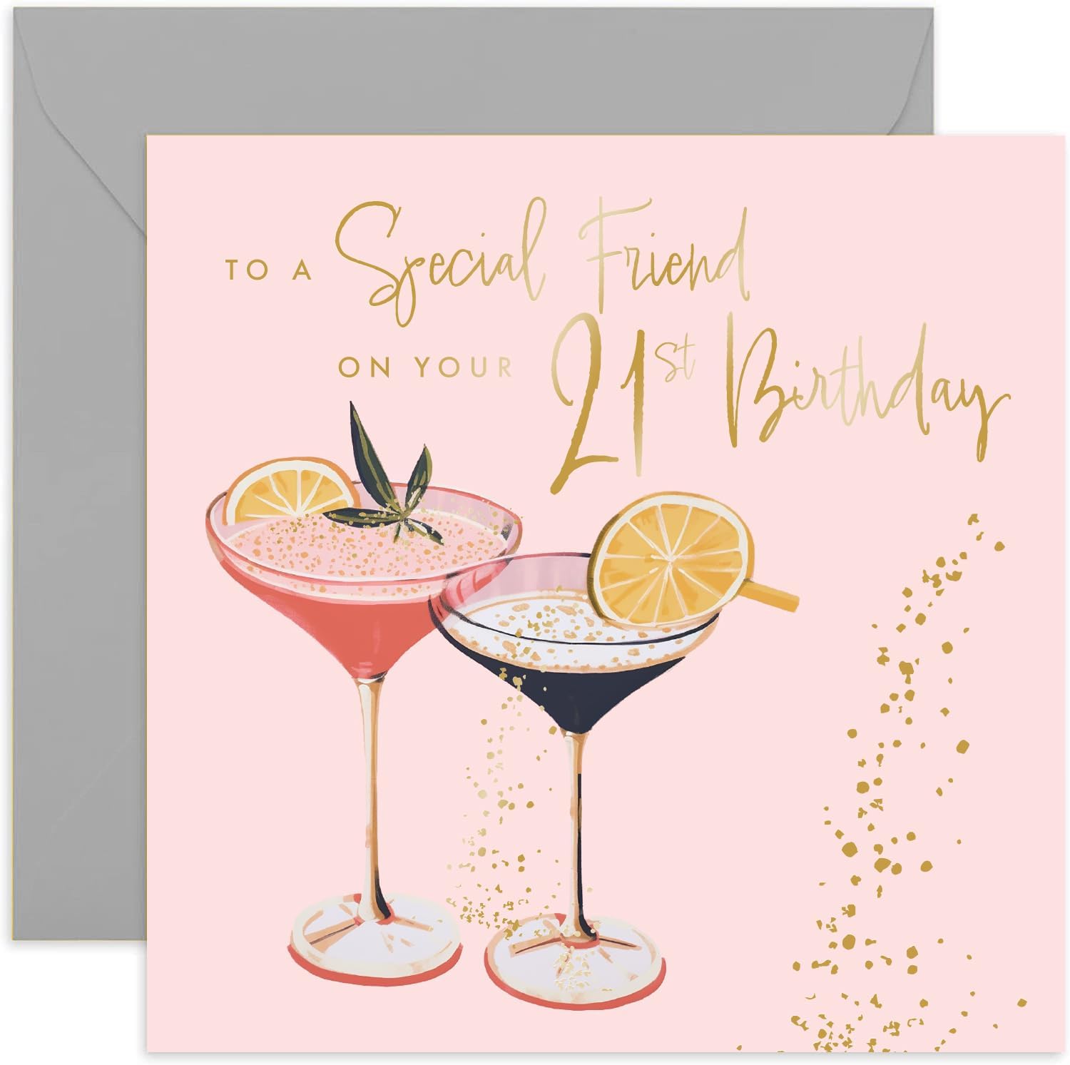 Old English Co. Biglietto Auguri 21° Compleanno Donna - Rosa Con Torta E Farfalle - 150x150mm - 2