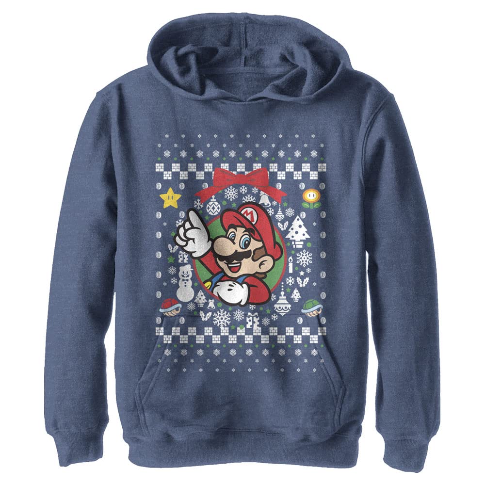 Nintendo Wreath Mario - Sudadera con capucha para jóvenes, color azul marino jaspeado, Azul marino Heather, Large