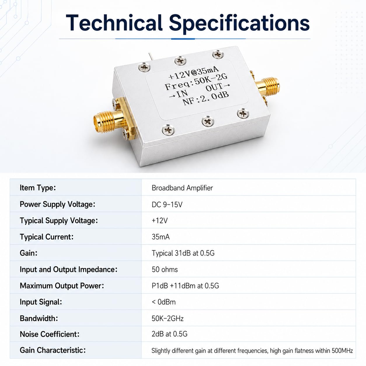 LNA-Breitbandverstärker, 50 kHz bis 2 GHz Rauscharmer Verstärker, 9–15V DC | 50 Ohm HF-Leistungsverstärker mit 31 DB Hohe Verstärkung, Leistungsvorverstärker, für FM Shortwave Kabelfernsehen Drahtlose