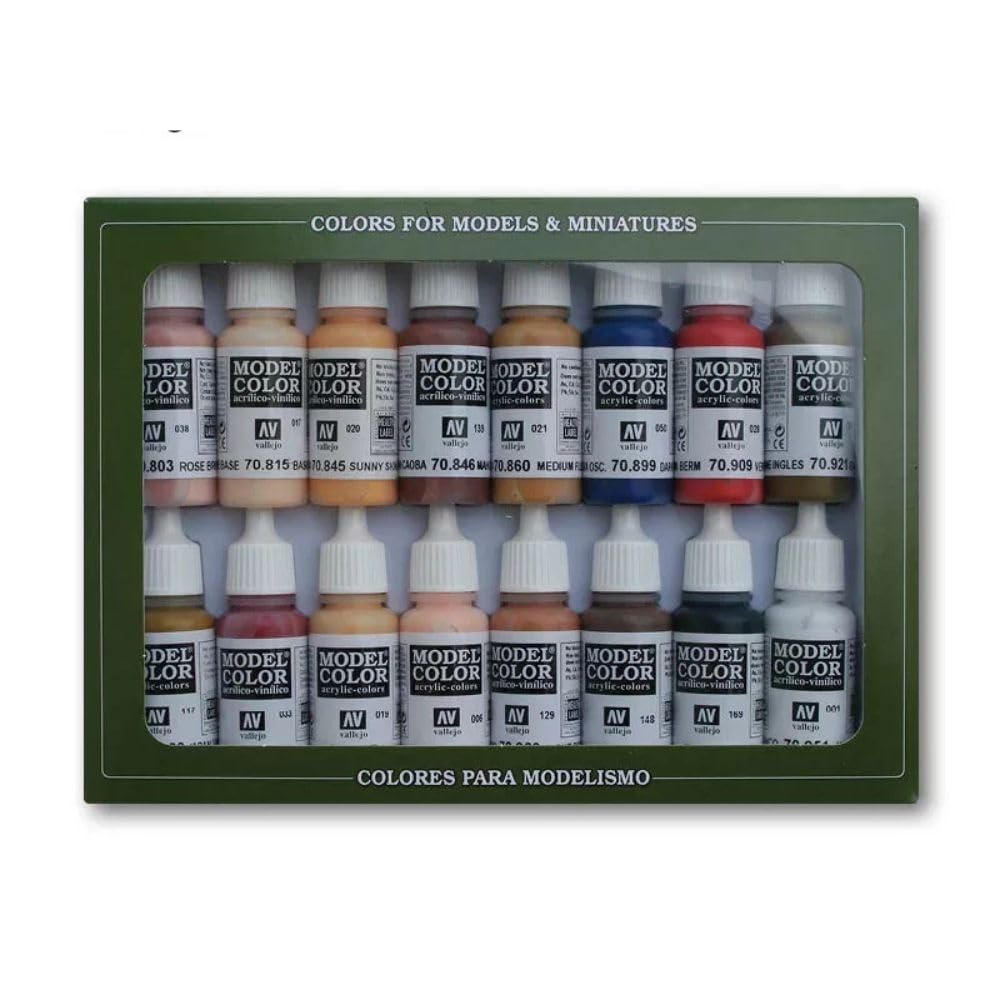 Vallejo Model Color Face Skin Colours Acrylic Paint Set - Assorted Colours (Pack of 16), 17 ml, Brown