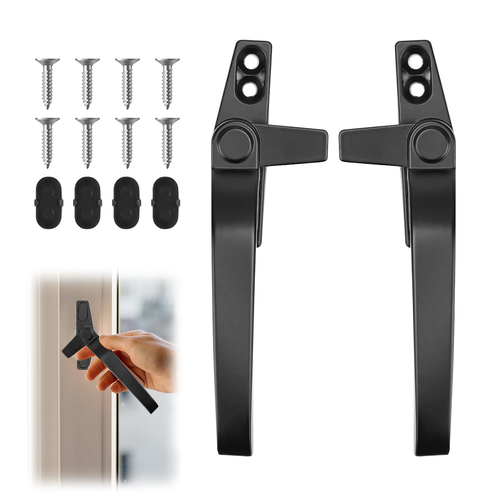 Universal Window Handle Replacement Right/Left Hand 2Pcs UPVC Double Upvc Cockspur Window Handle Glazing Childproof Casement Aluminum Alloy Smooth Window Security Handle with Fixing Screws (Black)