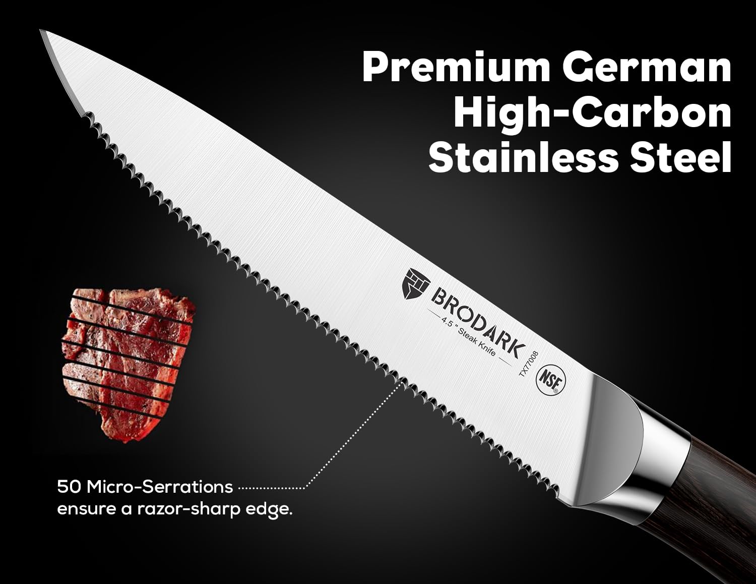 BRODARK Steak Knives Set of 6: 4.5 Inch Serrated Steak Knives with Ergonomic Handles, High Carbon Stainless Steel Steak Knife Set, NSF Certified