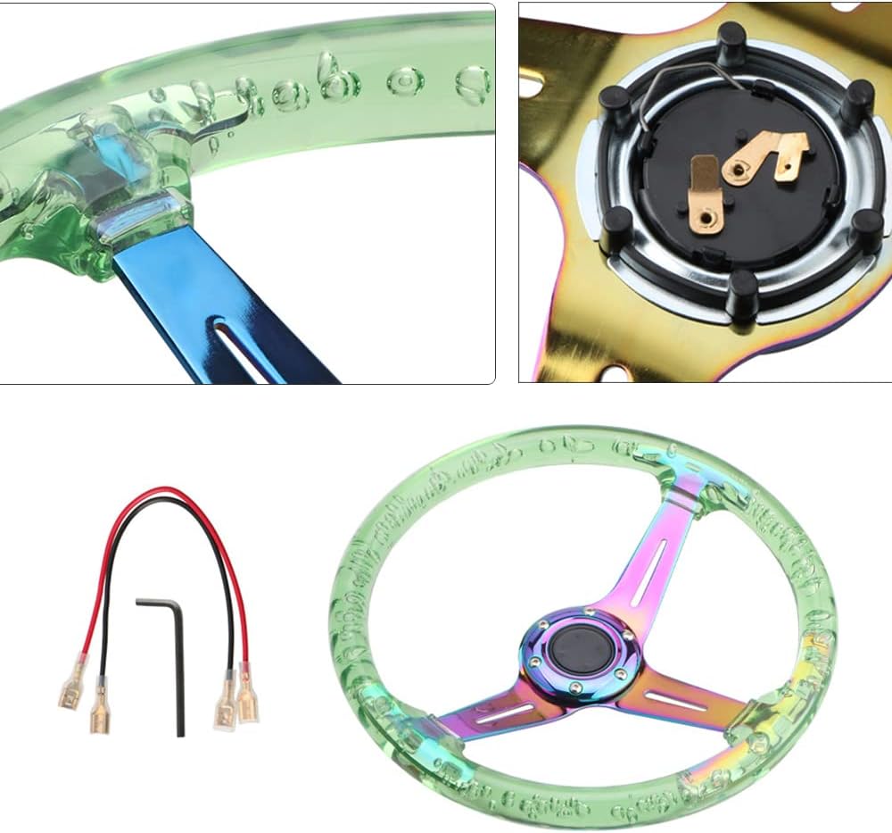 Crystal Acrylic Steering Wheel Fit Golf Cart Club Car Racing, Universal 350mm/13.8" Steering Wheel, Skid Steering Wheel 6 Bolts Horn for Gaming/Car Sim Driving (Colorful Chassis,Green)