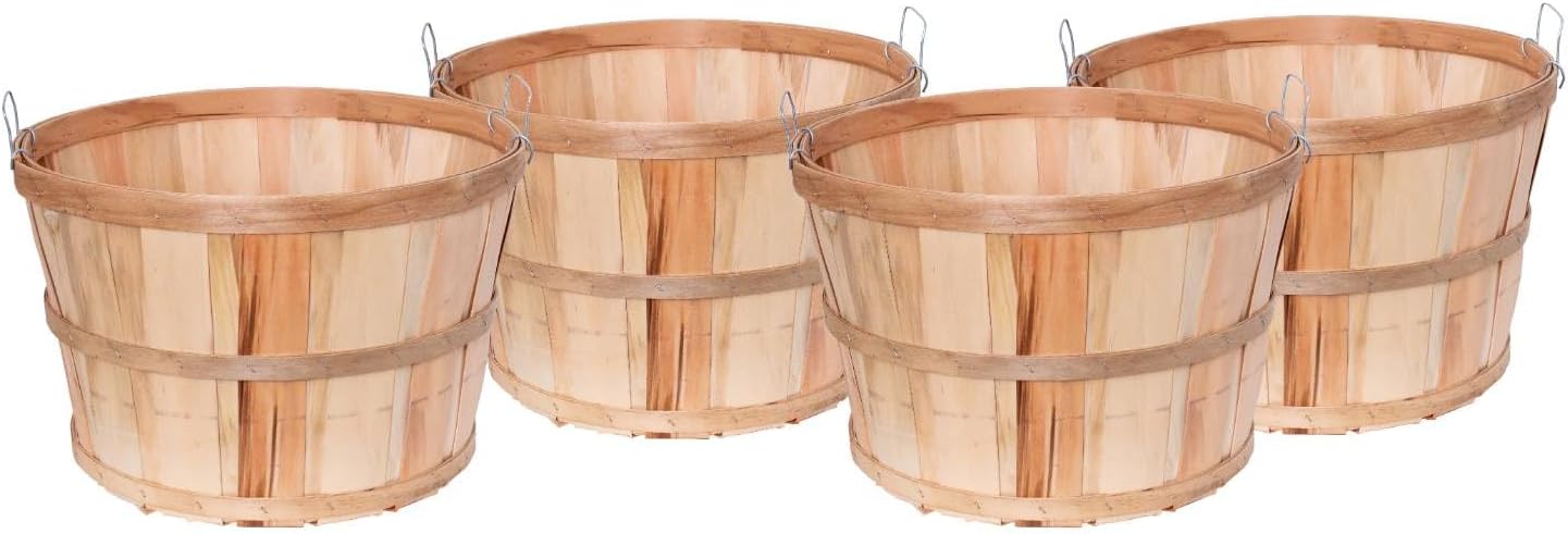 Lehman's Handcrafted Bushel Baskets, Vintage Style USA Made Poplar Wood with Wire Handles, 11.75 x 17.75 inches, Set of 4
