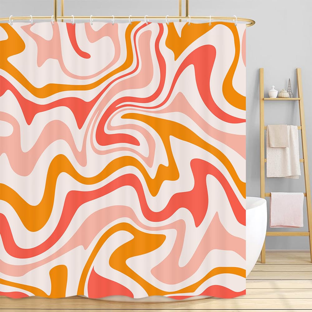Dongbei Cute Orange Shower Curtain, Boho Beige Pink Bath Curtain, Groovy Retro Spiral Swirl Pastel Vintage 70s 80s Minimal Teen Girls Aesthetic