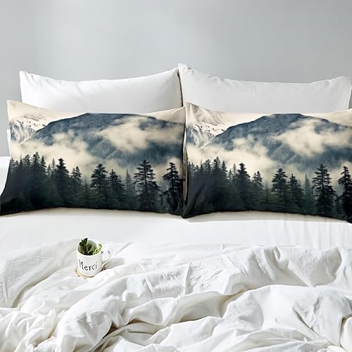 Miniatura 4 de Erosebridal Juego de funda de edredón de montaña ahumada, pinos y niebla, color gris, tamaño King, para niños, adolescentes y adultos, funda de