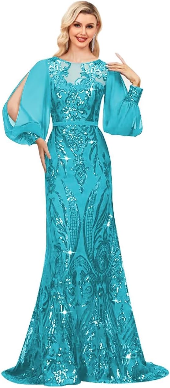 MYDRESS Sequin Mother of The Bride Dress for Wedding Long Sleeve Mermaid Formal Prom Dress