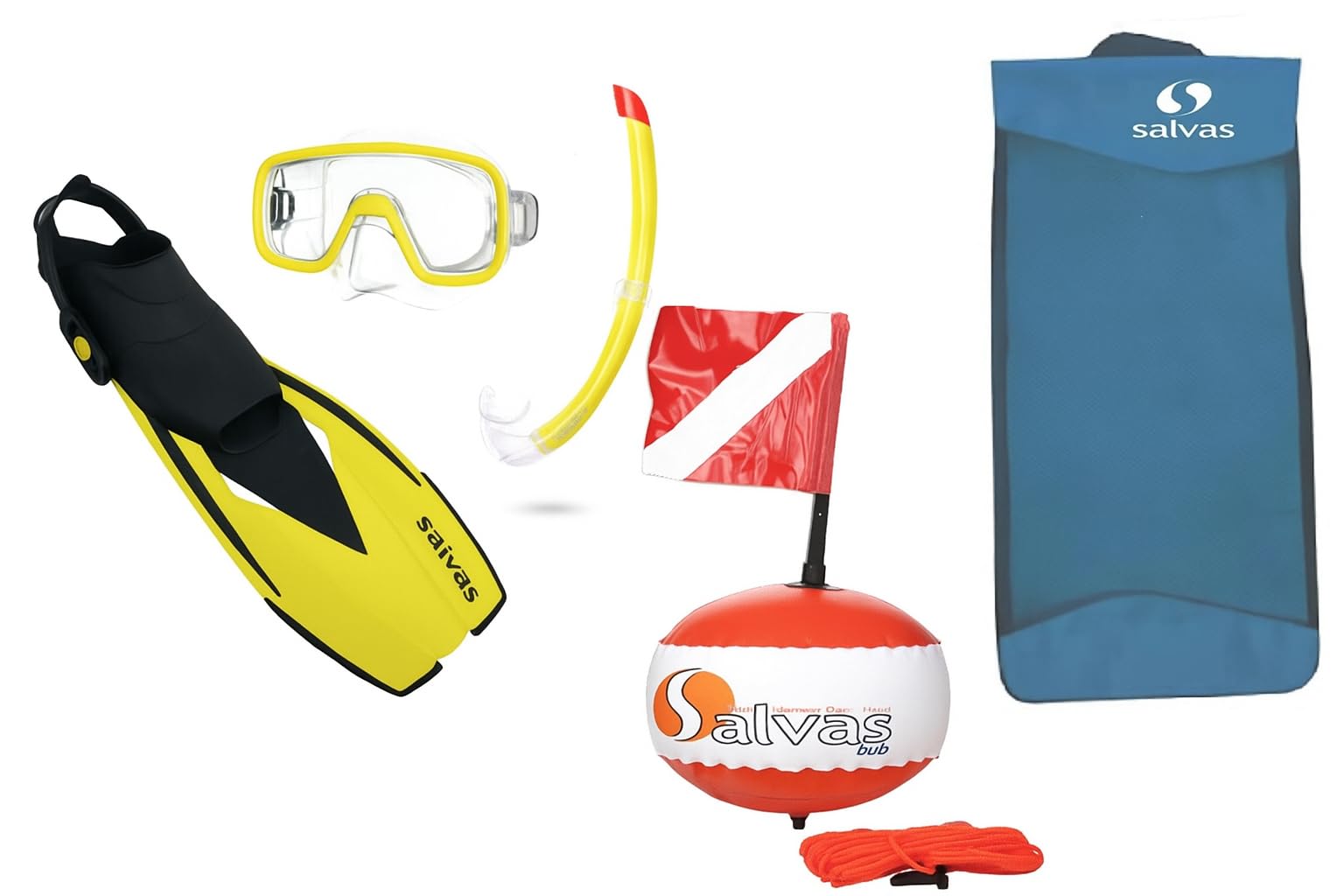 Salvas Sub Ultimate Set Snorkeling L/XL - Maschera Snorkeling + Boccaglio Tubo Snorkel + Pinne Regolabili 42/47 + Boa di Segnalazione con Bandierina - Kit Snorkeling, Apnea ed Immersioni