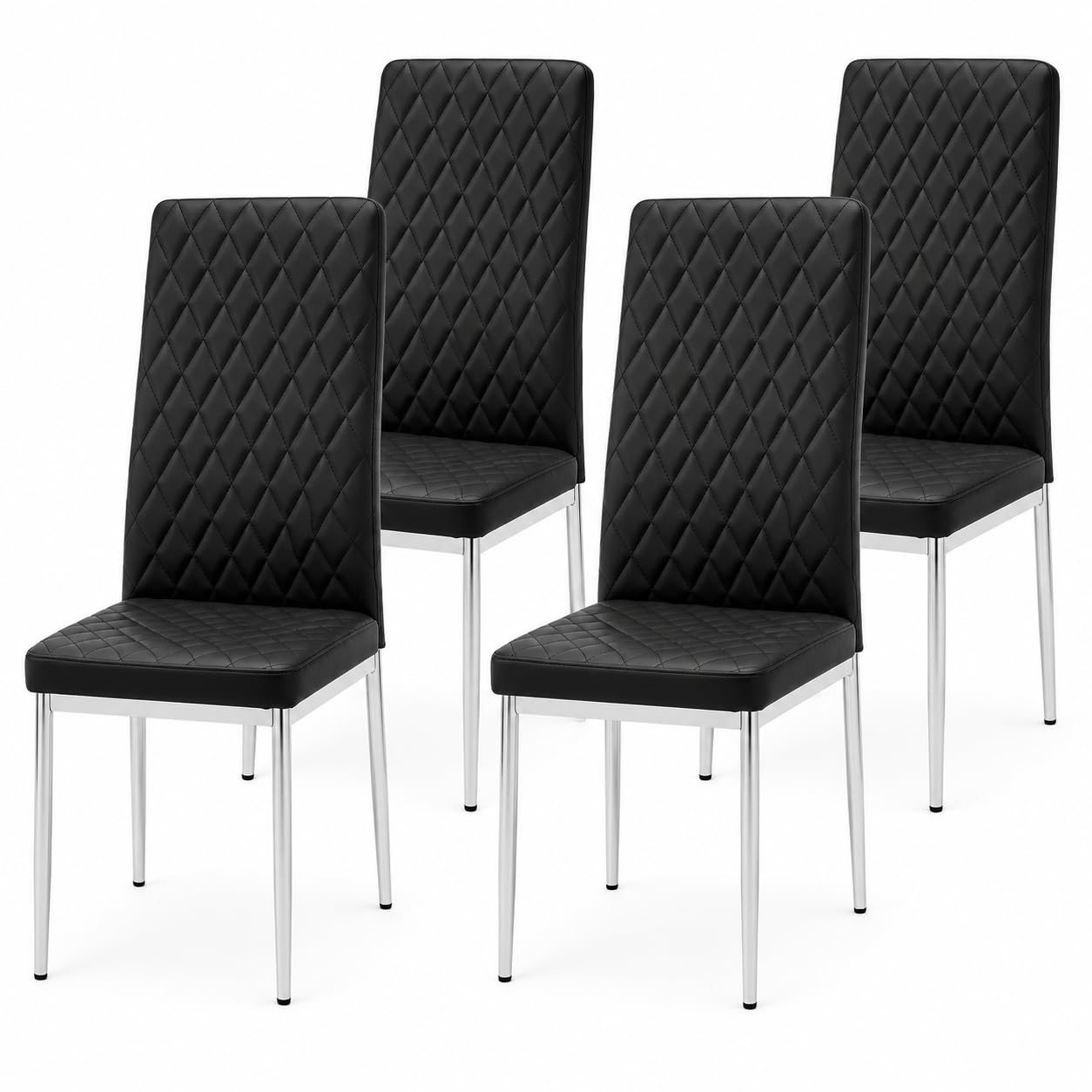 ASR INTERIORS Set Of 4 California Modern PU Leather Dining Chairs Set | Quilted High-Back Padded Seat Kitchen Chairs with Chrome Legs for Dining Room, Restaurant, Home, Office (Black)