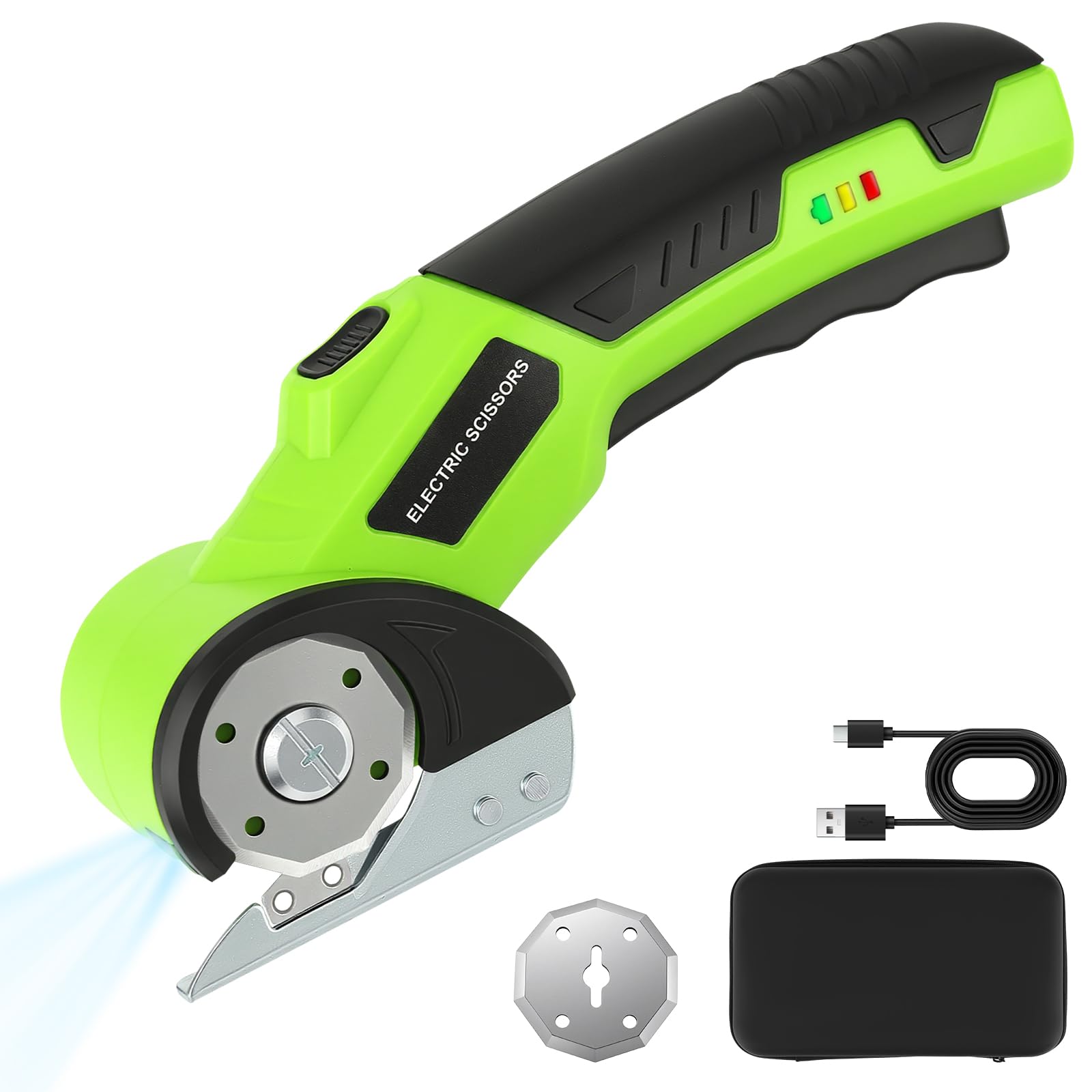 Cordless Electric Scissors with Safety Lock & LED Light – 4V Rechargeable Cardboard Cutter, Extra Blade, Tungsten Steel Blade for Fabric, Leather, Carpet, Plastic, Gift Wrap and Corrugated Boxes