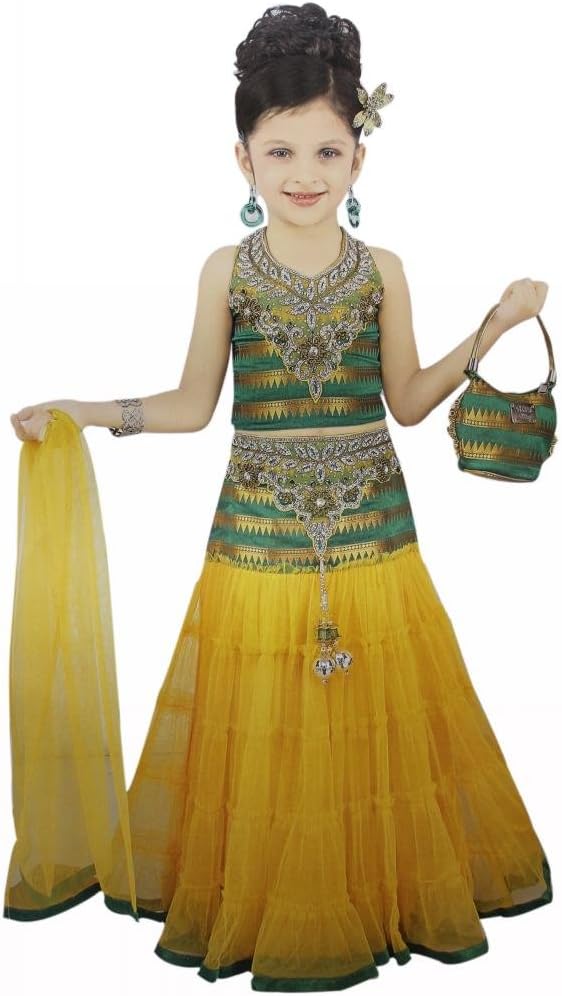 Girl's Green & Yellow Designer Lehenga with a Purse, Indian Clothing