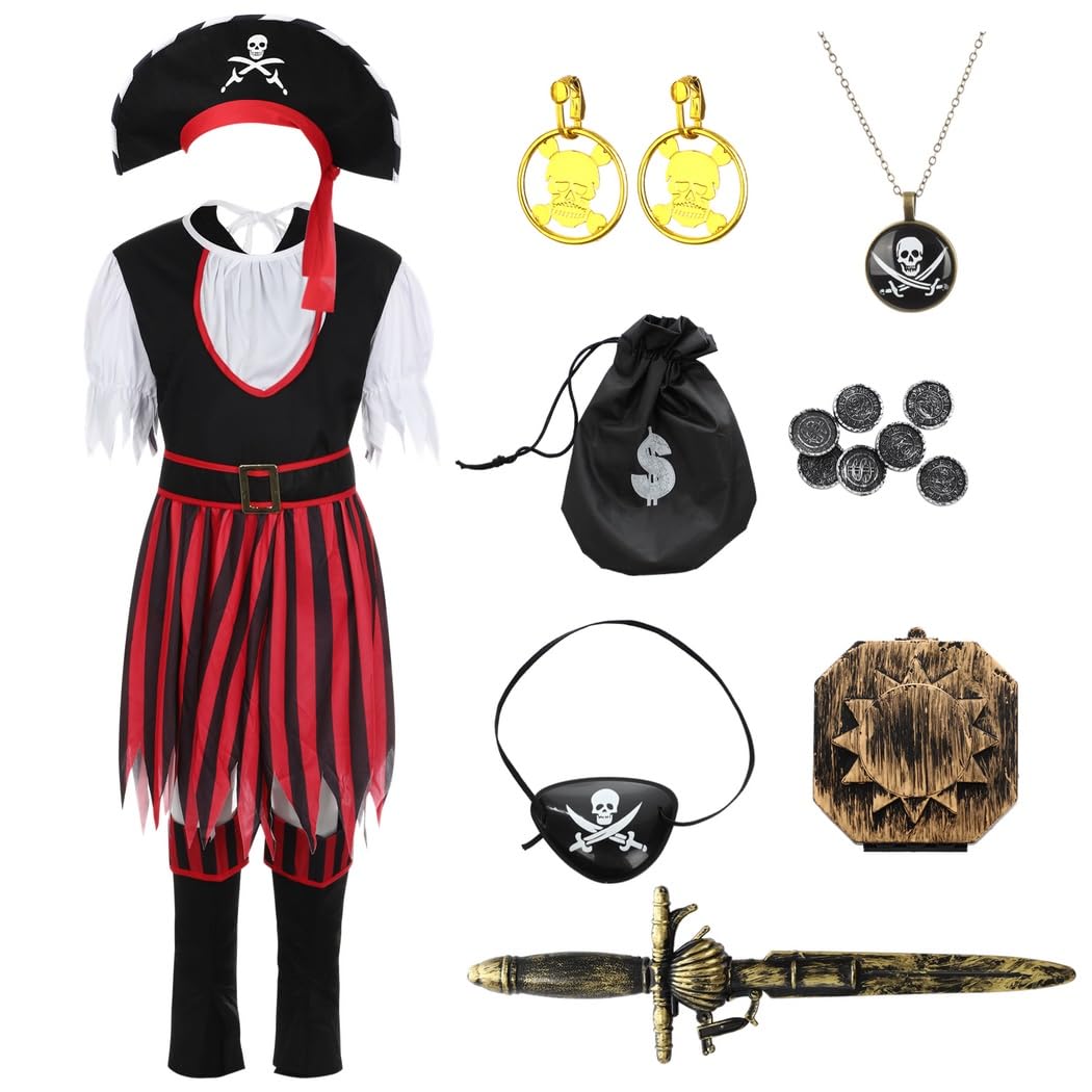 Mädchen Piratenkostüm, Verkleidungsset für Kinder, Piraten Outfit mit Augenklappe, Hut, Stiefelstulpen und Zubehör, Rollenspiel Kostüm für Mädchen