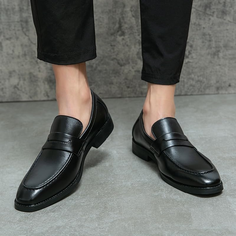 Dress Shoes for Men Slip On Square Burnished Toe Apron Toe Penny Loafer Low Top Anti-Slip Slip Resistant Rubber Sole Block Heel Working4