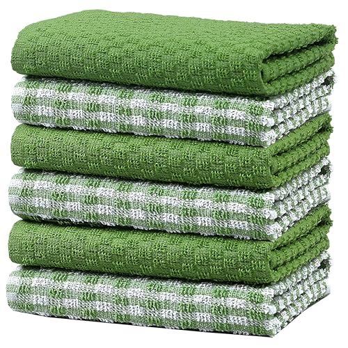 Olivia Rocco 100% Cotton Ascot Check Terry Tea Towels for Kitchen Pack of 6 Super Absorbent Dish Cloth Towel for Drying & Cleaning Household Essentials, Sage Green- 6 PK