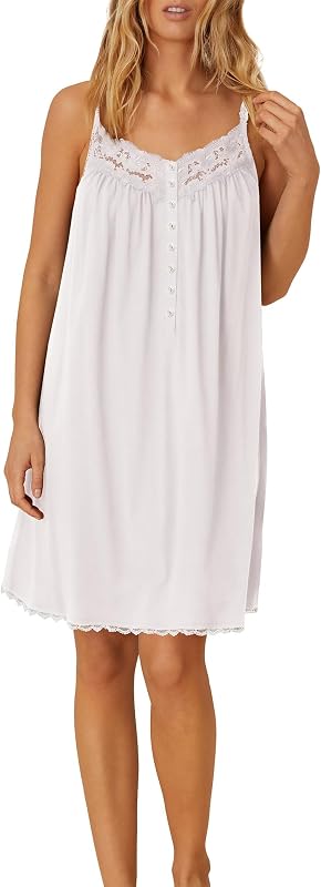 Eileen West Queen Anne's Lace Villa Blanca Knit Chemise, 100% Cotton Sheer Jersey, Sleeveless with Button Placket, 36" Length