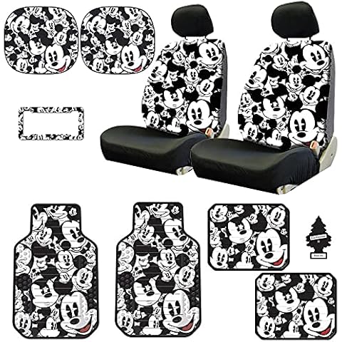 Yupbizauto Disney Mickey Mouse Design Low Back Car Seat Covers Floor Mats Steering Wheel Cover CD Visor Organizer Accessories Set with Air Freshener Cover