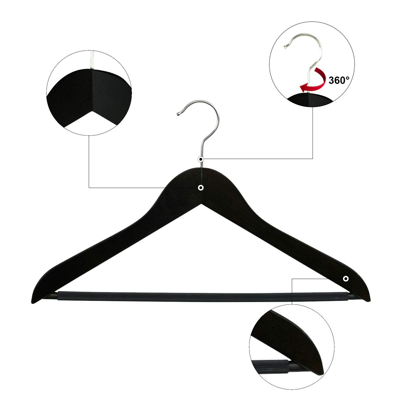 MAWA 10 Stück Anzugbügel Business RFS mit Steg, Hemden, Blusen, Jacketts, Umweltfreundlich, FSC® Zertifiziert, Buche, 360° Drehbar, 45 cm, Schwarz Lackiert