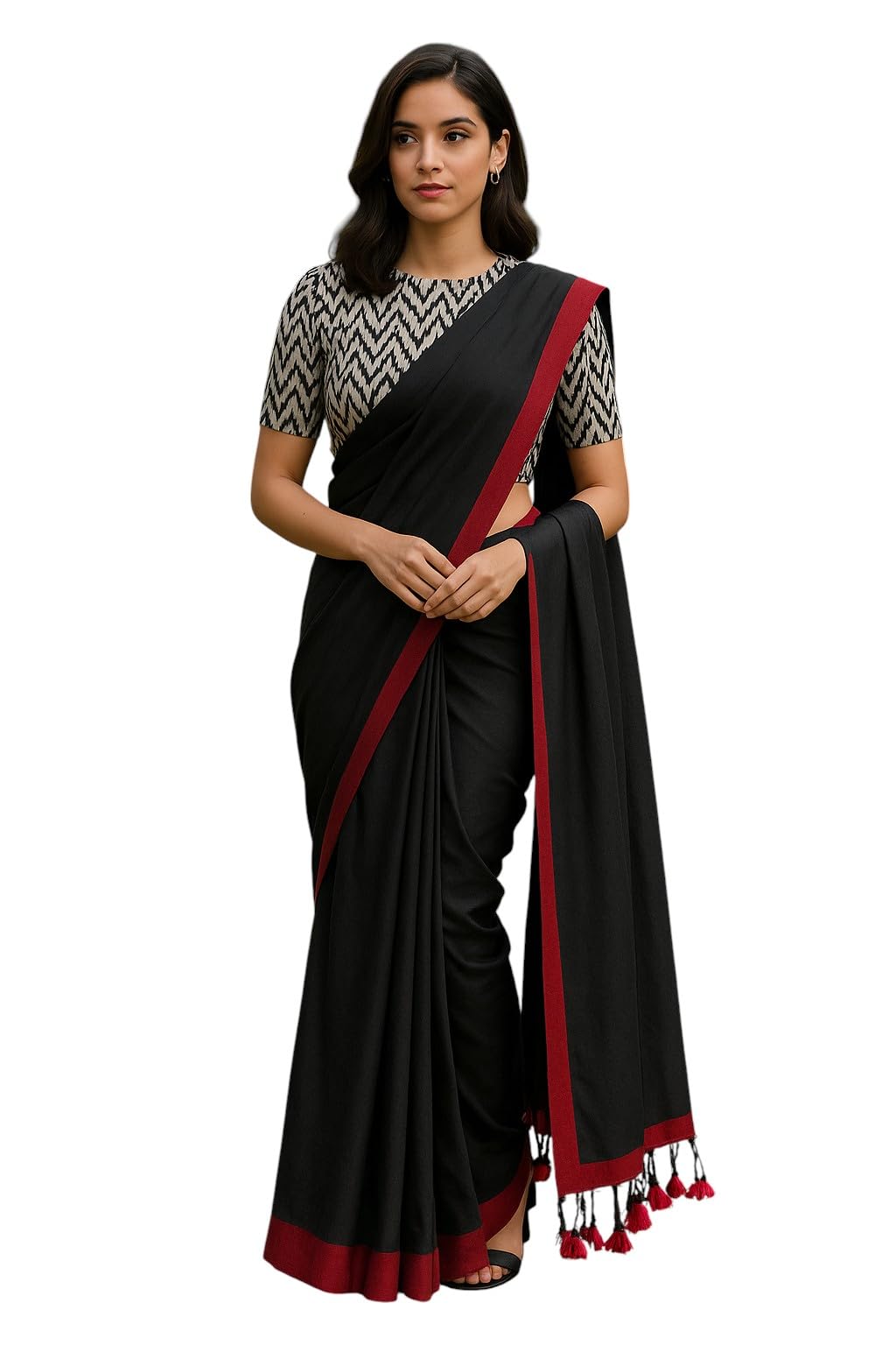 PURE COTTON SOLID PLAIN HANDLOOM SAREE WITH SEPARATE KALAMKARI PRINTED BLOUSE MATERIAL-picture-31