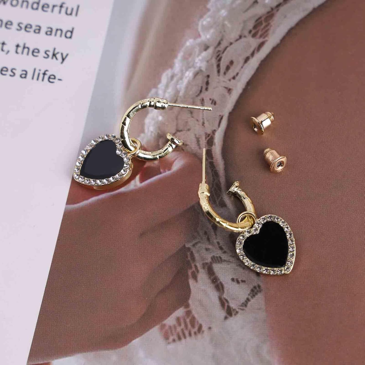 Vintage Crystal Heart Drop Earrings Black Heart Onyx Earrings Black Heart Hoop Huggie Earrings Gold Cz Love Heart Earrings Jewelry for Women - Image 5