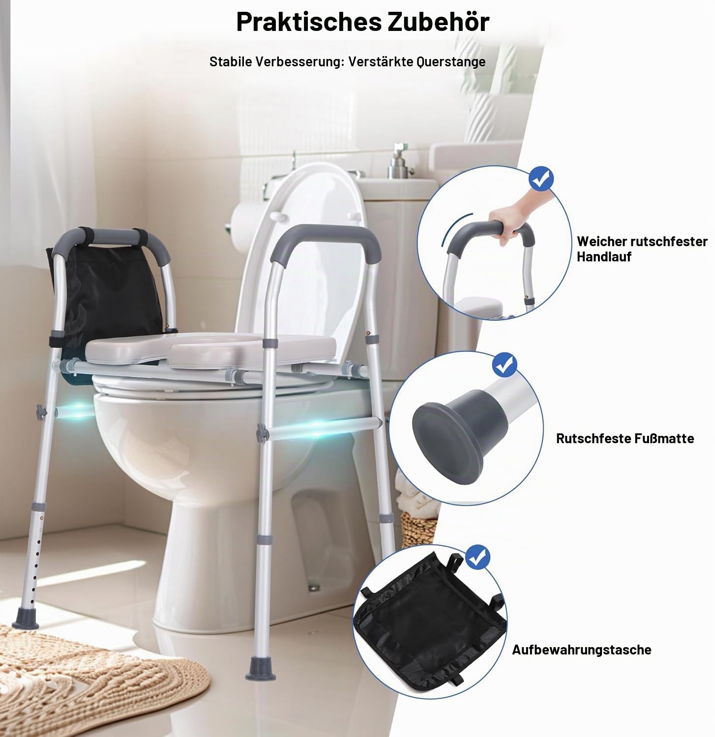 ToilettensitzerhöHung mit Armlehnen, WC Sitzerhöhung mit Höhenverstellbaren, Aufstehhilfe Toilette für Senioren, Tragfähigkeit 160 kg
