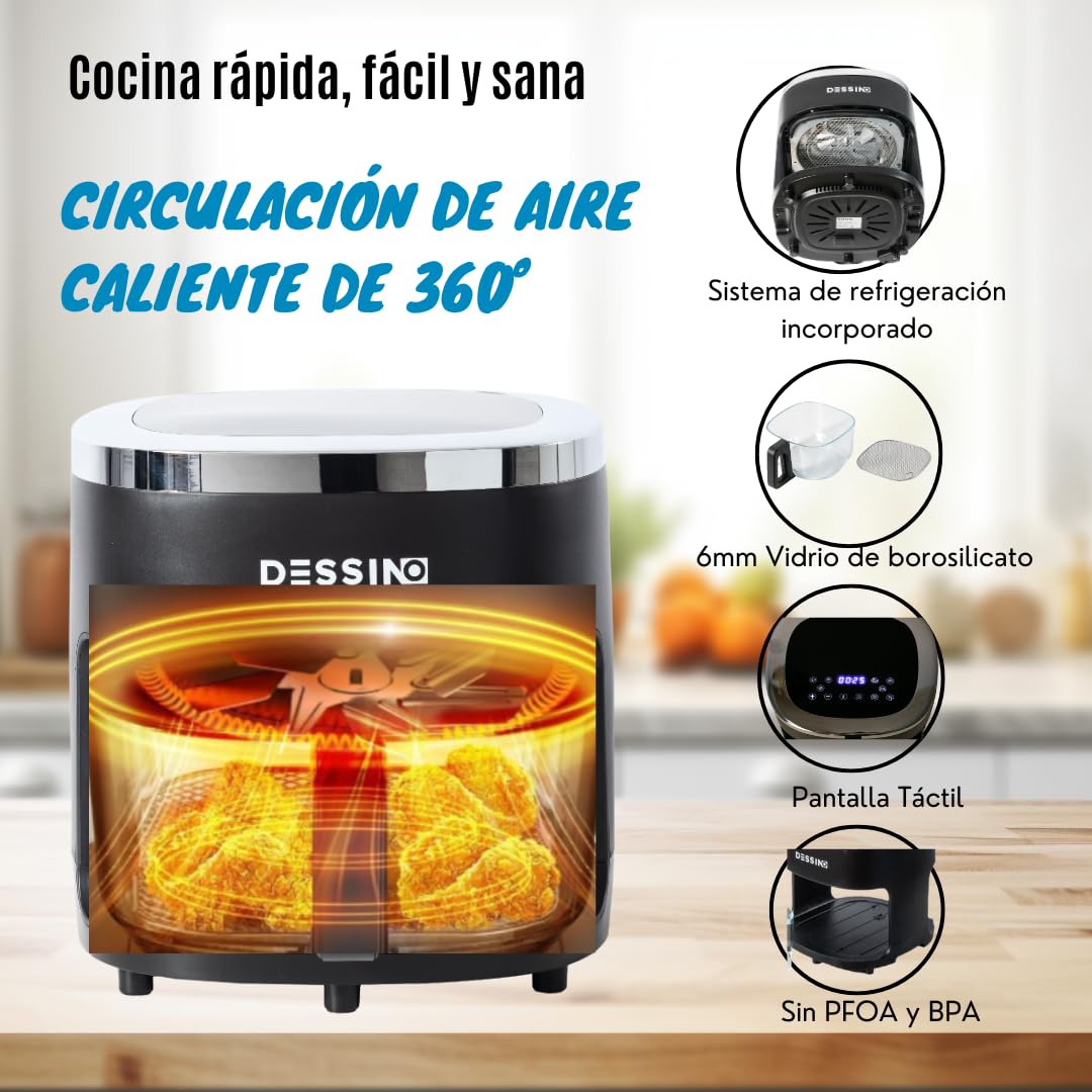 Freidora de Aire Digital Sin Aceite 4,2L,Sin Precalentamiento y Desconexión Automática,Cesta de Cristal con Visión 360°,Pantalla Táctil,Capacidad 5-6 Raciones,6 programas,Limpieza Fácil,1300W