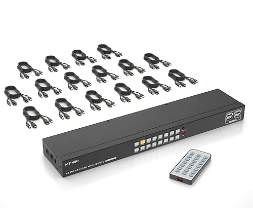 MT-VIKI Conmutador KVM 4K de 16 Puertos HDMI, Consola KVM de Montaje en Rack 4K30Hz con 16 Cables + 4 Dispositivos USB 2.0 + Control Remoto IR,