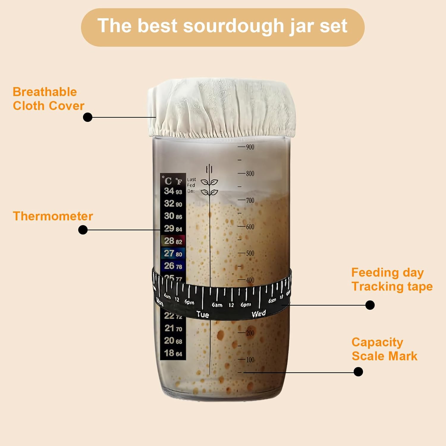 Clear Sour dough Starter Jars for Baking，Glass Jar for Sourdough Starter (33.8 OZ)