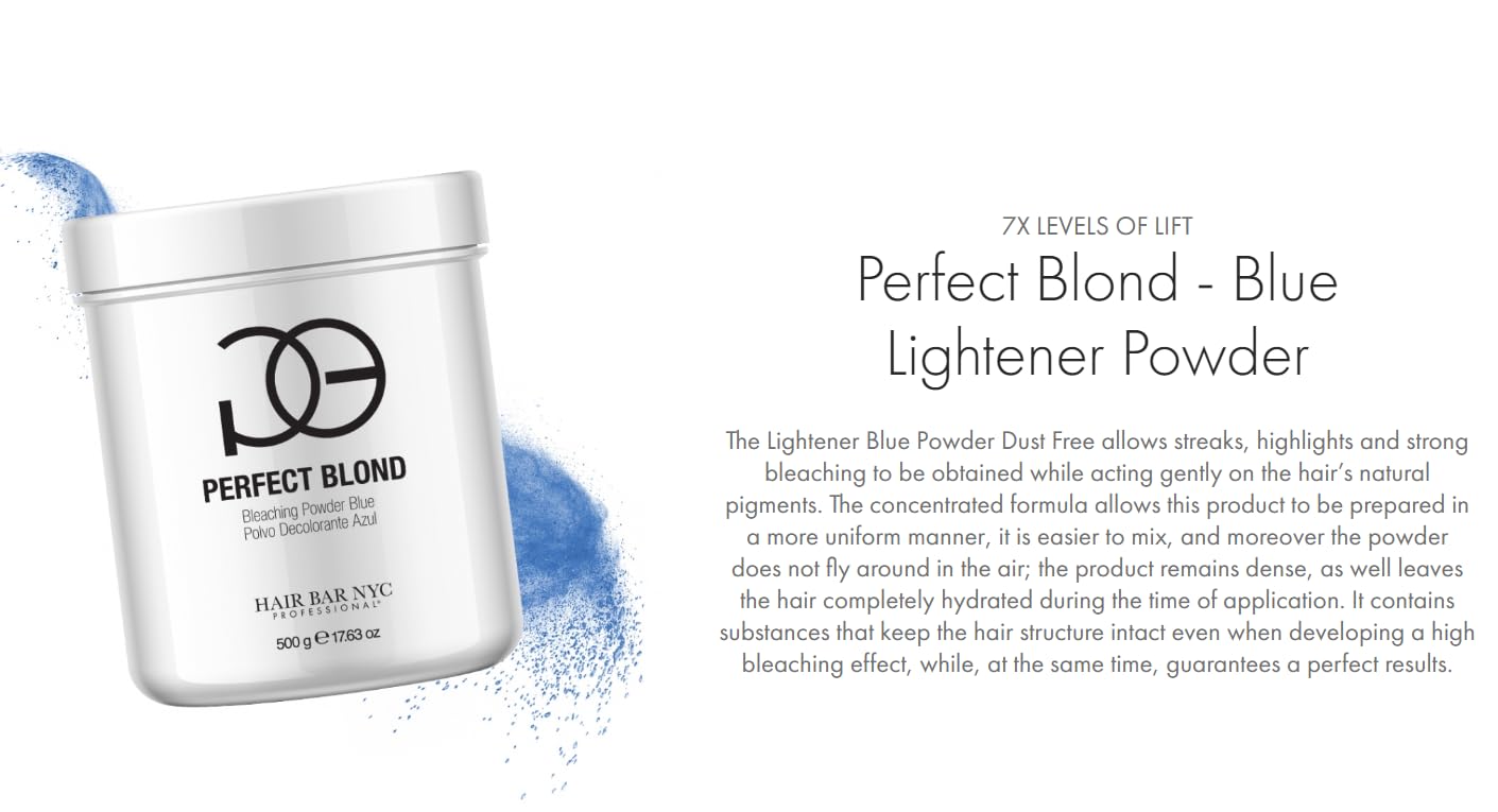 HAIR BAR NYC Perfect Blond Blue Lightener Powder 10 Levels of Lift Extra Strength Professional HairDye Toner and Bleach Made in Italy 500g /17.63oz Superior Lightening and Toning for Brilliant Results