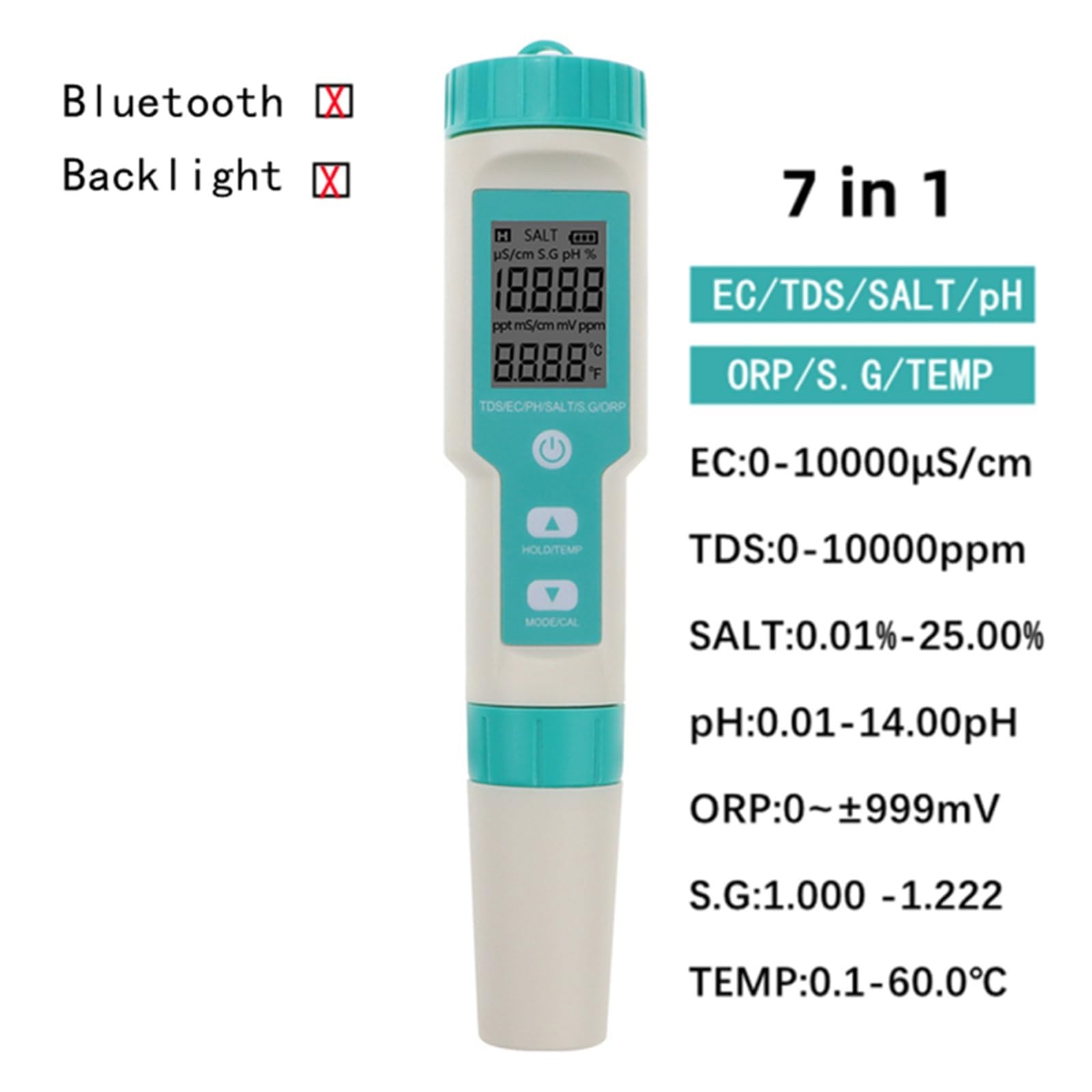 TDS Testeur, Ph-mètre numérique 7 en 1 PH/TDS/EC/ORP/salinité/SG/Temp, Moniteur de qualité de l'eau, testeur d'aquariums d'eau Potable(Bluetooth ph Meter)